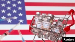 A small shopping basket filled with vials labeled "COVID-19 - Coronavirus Vaccine" and medical syringes are placed on a U.S. flag in this illustration taken November 29, 2020. Picture taken November 29, 2020. REUTERS/Dado Ruvic/Ilustration