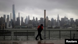 New Jersey eyaletinin Manhattan'a bakan Hudson Nehri kıyısında bir kişi, Tropik Fırtına Isaias'ın yol açtığı şiddetli rüzgar ve yağışa karşı yürürken