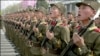 In this image made from video broadcast by North Korean broadcaster KRT, soldiers take part in a parade at Kim Il Sung Square in Pyongyang, April 15, 2017. North Korean leader Kim Jong Un has appeared in a massive parade in the capital, Pyongyang, celebra