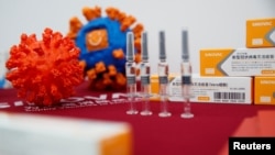 Sebuah tampilan menunjukkan produk vaksin Sinovac Biotech dari kandidat vaksin Covid-19 di Beijing, China, 24 September 2020. (Foto: REUTERS/Thomas Peter)