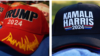 Campaign merchandise for the 2024 presidential campaigns of former President Donald Trump and Vice President Kamala Harris.