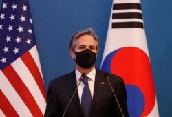 토니 블링컨 미국 국무장관이 18일 한국 서울에서 열린 미한 외교·국방장관 회담에 이어 기자회견를 하고 있다.